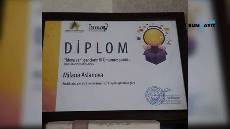 Sumqayıtlı şagird Milanə Aslanova İdeya var adlı müsabiqədə diplomla təltif olunub