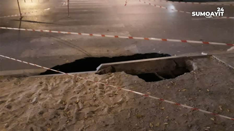 Sumqayıt: Azərbaycan və Heydər Əliyev prospektlərinin kəsişməsində yol çöküb