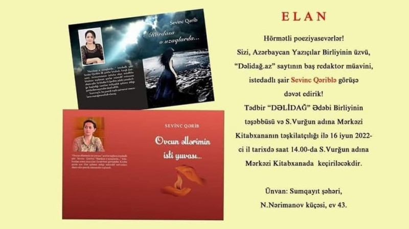 Sumqayıt sakinləri şair Sevinc Qəriblə görüş keçirəcəklər