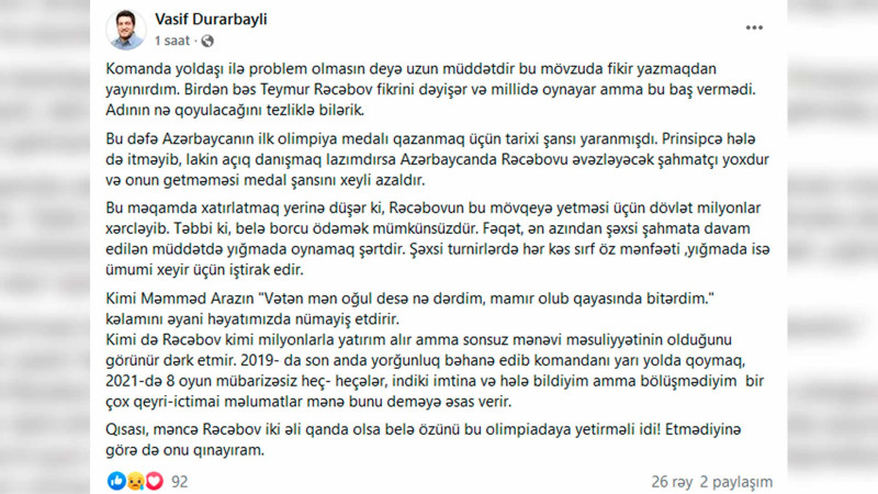 Rəcəbovun Şahmat Olimpiyadasında iştirak etməməsi qrosmeysterimizin narazılığa səbəb olub