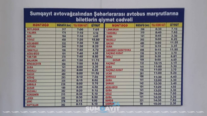 Sumqayıt Avtovağzalı: avtobus reyslərinin siyahısı və qiyməti Sumqayıt Avtovağzalı: avtobus reyslərinin siyahısı və qiyməti