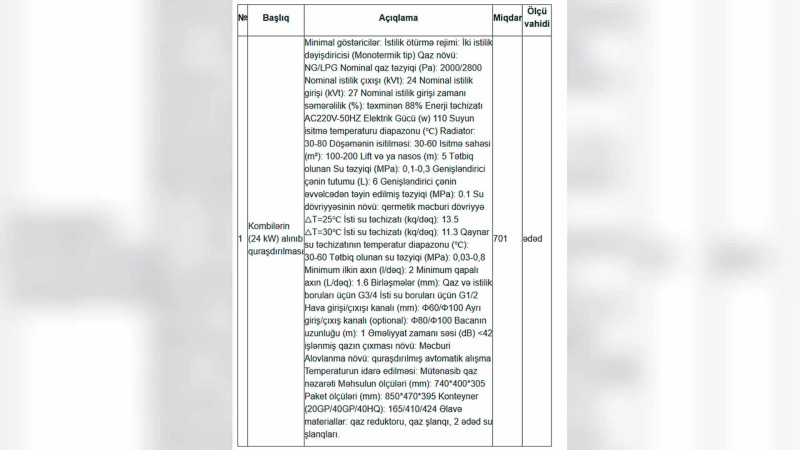 “Kombilərin alınıb quraşdırılması” üzrə tender başlayır