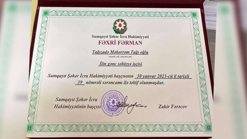 Sumqayıt tibb oçağının həkimi İlin gənc səhiyyə işçisi seçilib