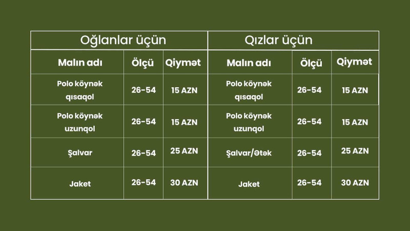 Məktəbli formalarının satış nöqtələri və qiyməti