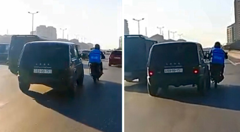 Sumqayıt yolunda “Niva” motosikleti vurdu - VİDEO