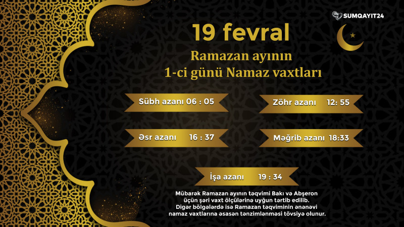 Ramazan ayının birinci gününün imsak, iftar və namaz vaxtları