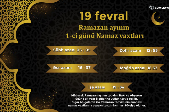 Ramazan ayının birinci gününün imsak, iftar və namaz vaxtları