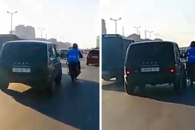 Sumqayıt yolunda “Niva” motosikleti vurdu - VİDEO